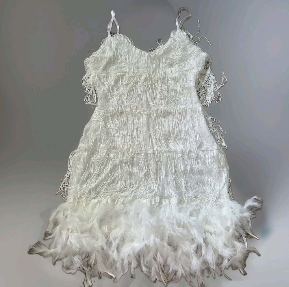 Flapper Fringe Mini Dress White Sequin Party Dress Feather Hem Cocktail Dress